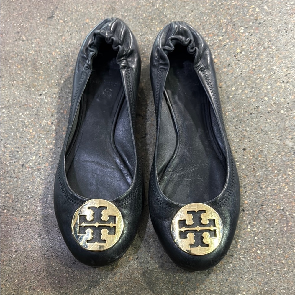 Tory Burch Black Leather Reva Ballet Flats with Gold Logo